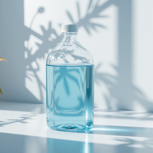 Standard MegaKoolada cooling agent bottle with blue liquid, clear glass container, modern design, placed on white surface