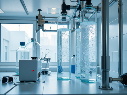 Scientific laboratory equipment showing cooling technology process, molecular structures, temperature monitoring devices, professional setting
